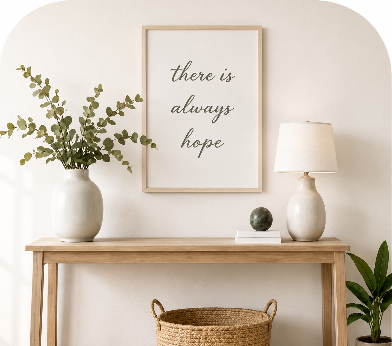 Calm interior vignette with flowers, a lamp, and hopeful framed art