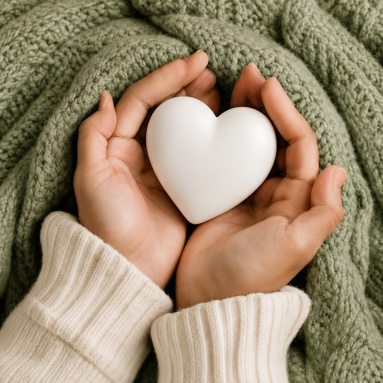 Hands holding a small white heart